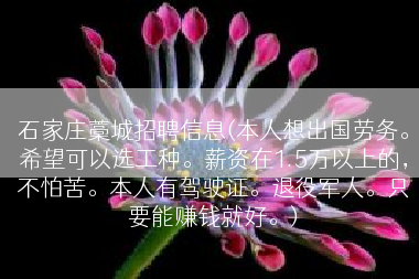 石家庄藁城招聘信息(本人想出国劳务。希望可以选工种。薪资在1.5万以上的，不怕苦。本人有驾驶证。退役军人。只要能赚钱就好。)
