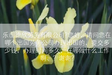 乐山德欣劳务有限公司?您好，请问您在哪个出国劳务公司办理出国的，要交多少钱，办理时间多久，在哪做什么工作啊、？谢谢?