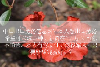 中国出国劳务信息网？本人想出国劳务。希望可以选工种。薪资在1.5万以上的，不怕苦。本人有驾驶证。退役军人。只要能赚钱就好。？