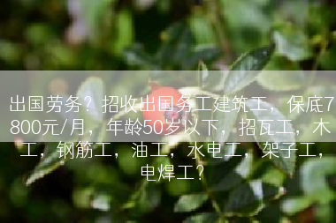 出国劳务？招收出国务工建筑工，保底7800元/月，年龄50岁以下，招瓦工，木工，钢筋工，油工，水电工，架子工，电焊工？