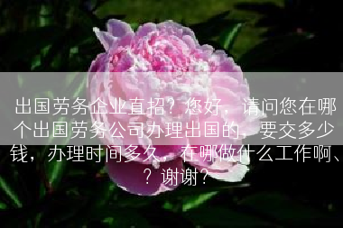 出国劳务企业直招？您好，请问您在哪个出国劳务公司办理出国的，要交多少钱，办理时间多久，在哪做什么工作啊、？谢谢？
