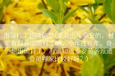 出国打工招聘信息(家是山东泰安的，村里有好多出国打工的。今年过完年，我也想出国打工，有谁知道泰安劳务派遣公司哪家比较好呀？)
