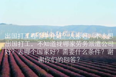 出国打工哪个中介好？大家好，本人想出国打工，不知道找哪家劳务派遣公司好？去哪个国家好？需要什么条件？谢谢你们的回答？
