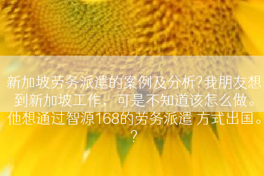 新加坡劳务派遣的案例及分析?我朋友想到新加坡工作，可是不知道该怎么做。他想通过智源168的劳务派遣 方式出国。?