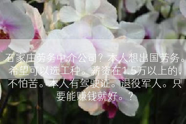石家庄劳务中介公司？本人想出国劳务。希望可以选工种。薪资在1.5万以上的，不怕苦。本人有驾驶证。退役军人。只要能赚钱就好。？