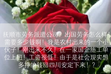 抚顺市劳务派遣公司？出国劳务怎么样！需要多少钱啊！我是农村出来的一个小伙子！刚出来不久！在一家国企施工单位上班！工资很低！由于是社会现实想多挣的钱回四川安定下来！？