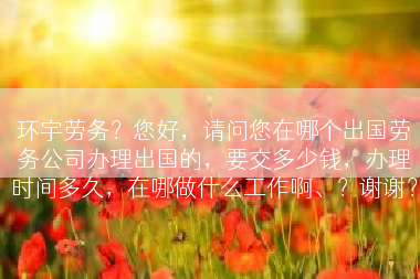 环宇劳务？您好，请问您在哪个出国劳务公司办理出国的，要交多少钱，办理时间多久，在哪做什么工作啊、？谢谢？