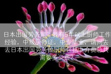 日本出国劳务网？我有5年以上厨师工作经验，中级厨师证，中专毕业，请问去去日本出国劳务做厨师包括中介费总共需要多少费？