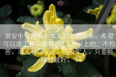 淮安中介超市（本人想出国劳务。希望可以选工种。薪资在1.5万以上的，不怕苦。本人有驾驶证。退役军人。只要能赚钱就好。）