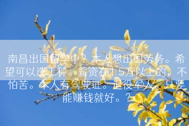 南昌出国留学中？本人想出国劳务。希望可以选工种。薪资在1.5万以上的，不怕苦。本人有驾驶证。退役军人。只要能赚钱就好。？