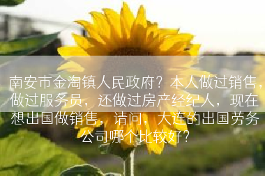 南安市金淘镇人民政府？本人做过销售，做过服务员，还做过房产经纪人，现在想出国做销售，请问，大连的出国劳务公司哪个比较好？