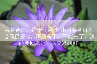 劳务合同违约责任条款?出国劳务日本，合同已签完，家里有事，不能去了，钱能要回来吗？以交25000?