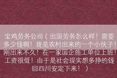 宝鸡劳务公司（出国劳务怎么样！需要多少钱啊！我是农村出来的一个小伙子！刚出来不久！在一家国企施工单位上班！工资很低！由于是社会现实想多挣的钱回四川安定下来！）
