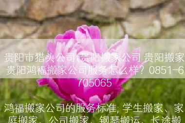 贵阳市猎头公司(贵阳搬家公司 贵阳搬家 贵阳鸿福搬家公司服务怎么样？0851-6705065

鸿福搬家公司的服务标准; 学生搬家、家庭搬家、公司搬家、钢琴搬运、长途搬家、设备搬迁、贵阳鸿福搬家公司服务态度好、信誉第一、是市民的好求、我公司24小时为市民服务 服务电话：0851-6705065)