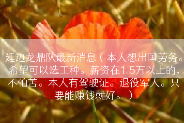 延边龙鼎队最新消息（本人想出国劳务。希望可以选工种。薪资在1.5万以上的，不怕苦。本人有驾驶证。退役军人。只要能赚钱就好。）