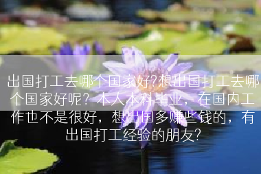 出国打工去哪个国家好?想出国打工去哪个国家好呢？本人本科毕业，在国内工作也不是很好，想出国多赚些钱的，有出国打工经验的朋友?