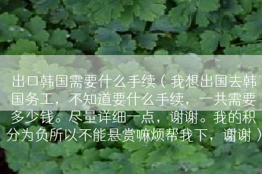 出口韩国需要什么手续（我想出国去韩国务工，不知道要什么手续，一共需要多少钱。尽量详细一点，谢谢。我的积分为负所以不能悬赏嘛烦帮我下，谢谢）