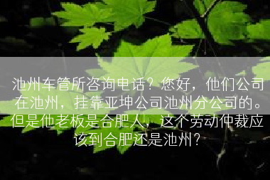池州车管所咨询电话？您好，他们公司在池州，挂靠亚坤公司池州分公司的。但是他老板是合肥人，这个劳动仲裁应该到合肥还是池州？