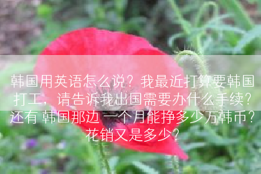 韩国用英语怎么说？我最近打算要韩国打工，请告诉我出国需要办什么手续？还有 韩国那边 一个月能挣多少万韩币？花销又是多少？