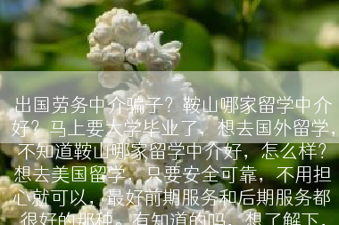 出国劳务中介骗子？鞍山哪家留学中介好？马上要大学毕业了，想去国外留学，不知道鞍山哪家留学中介好，怎么样？想去美国留学，只要安全可靠，不用担心就可以，最好前期服务和后期服务都很好的那种。有知道的吗，想了解下，谢谢了！？
