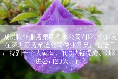诚悦物业服务集团有限公司?我有个朋友在深圳劳务派遣公司做业务员，他给工厂找到一个人就有，100块钱提成。她刚进公司20天，已?