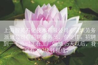 上海智英石化技术有限公司（深圳劳务派遣公司在招聘业务员，包吃住。招聘到一个临时工在工厂做3到5天以后，我就有200块钱提成，）