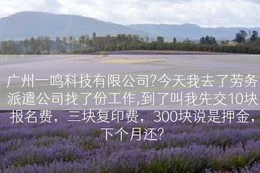 广州一鸣科技有限公司?今天我去了劳务派遣公司找了份工作,到了叫我先交10块报名费，三块复印费，300块说是押金，下个月还?