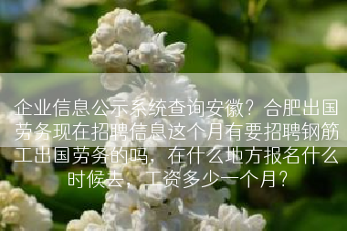 企业信息公示系统查询安徽？合肥出国劳务现在招聘信息这个月有要招聘钢筋工出国劳务的吗，在什么地方报名什么时候去，工资多少一个月？