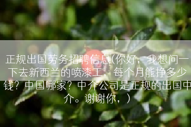 正规出国劳务招聘信息(你好，我想问一下去新西兰的喷漆工，每个月能挣多少钱？中国哪家？中介公司是正规的出国中介。谢谢你，)
