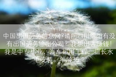 中国出国劳务信息网?请问四川绵阳有没有出国劳务输出公司？我想出去赚钱！我是中专毕业，汽车运用工程，擅长水电安装。年龄35.?