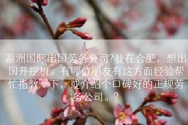 瀛洲国际出国劳务公司?我在合肥，想出国开挖机。有哪位朋友有这方面经验帮忙指教一下，或介绍个口碑好的正规劳务公司。?
