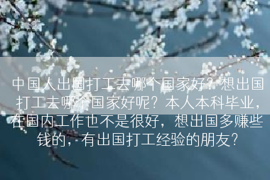 中国人出国打工去哪个国家好？想出国打工去哪个国家好呢？本人本科毕业，在国内工作也不是很好，想出国多赚些钱的，有出国打工经验的朋友？