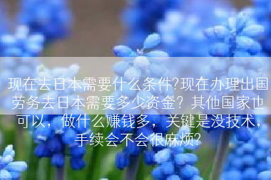 现在去日本需要什么条件?现在办理出国劳务去日本需要多少资金？其他国家也可以，做什么赚钱多，关键是没技术，手续会不会很麻烦?