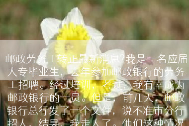 邮政劳务工转正最新消息?我是一名应届大专毕业生，去年参加邮政银行的劳务工招聘。经过培训，考试，我有幸成为邮政银行的一员。但是，前几天，邮政银行总行发了一个文件，说不准市分行招人，结果，我走人了。他们这种情况是不是违反了劳动合?