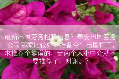 最新出国劳务招聘信息？泰安出国劳务公司哪家比较好？准备今年出国打工，求推荐个靠谱的，一两个人小中介就不要推荐了，谢谢。？